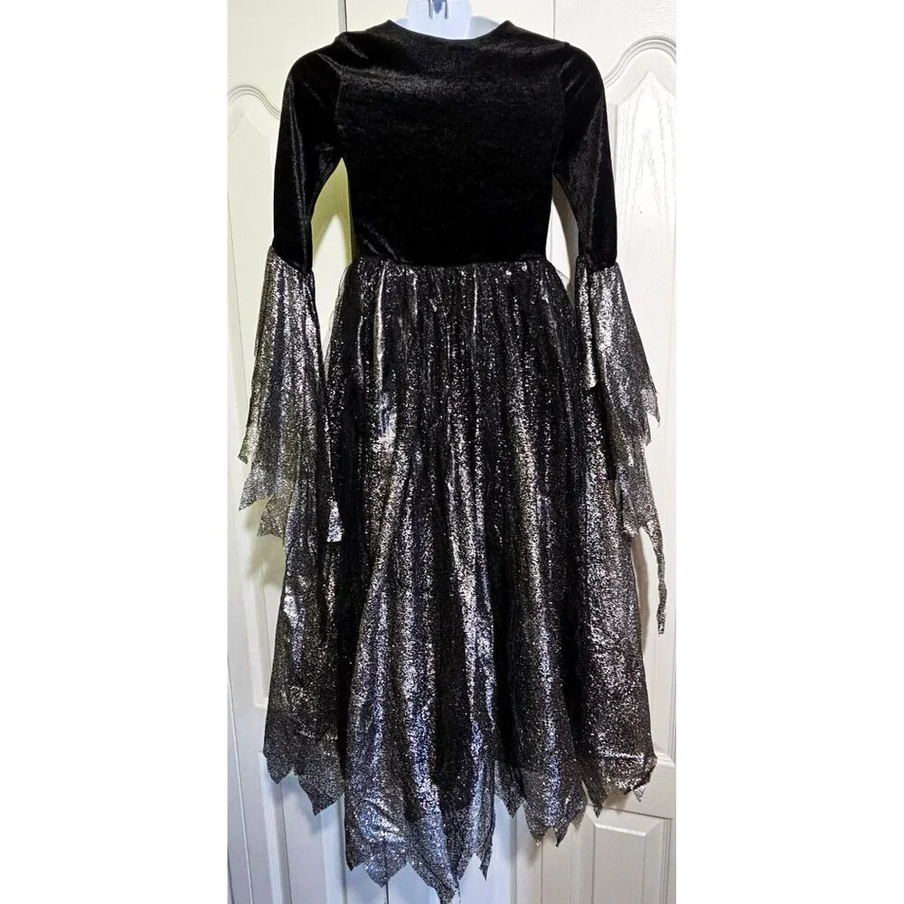 Dark Fallen Gothic Angel Costume Girls 8-10 Witch Dress Wings Halo Black Velvet - Picture 5 of 7
